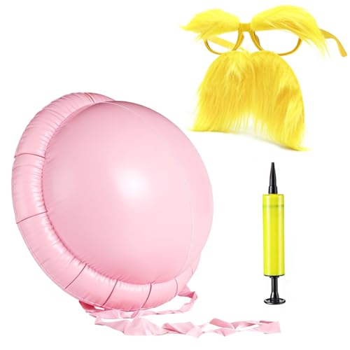 abouder Fake Belly Costume with Yellow Mustache and Eyebrows Glasses Inflatable Belly Filler Cosplay Props for Book Character Costume