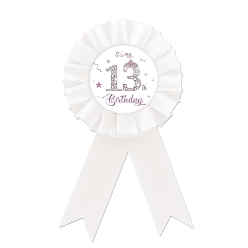 Happy 13th Birthday Tinplate Badge Pin, It's My 13th Birthday Button Pin, Purple Crown White Rosette Happy Birthday Badge Pin for Girl, Diamond Brooch Buttons for Thirteen Birthday Party