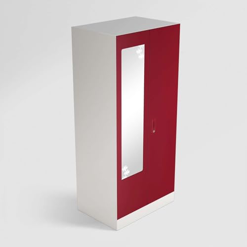 Image of Interio by Godrej Almirah Slimline 2-Door Steel Almirah, Cupboard for Clothes (Textured Caremine Red), 1-Year Warranty, 4 Shelves, 1 Drawer, 1 Locker, Star Design Mirror
