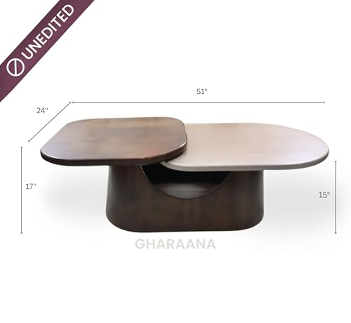 Image of Gharaana Bruno Modern Wooden 2-Tier Centre Table for Living Room (51x24x17) Solid Mango Wood | Teak-Dusky Pink-Dark Walnut Finish | Rectangular Solid Wood Luxury Contemporary Coffee Table