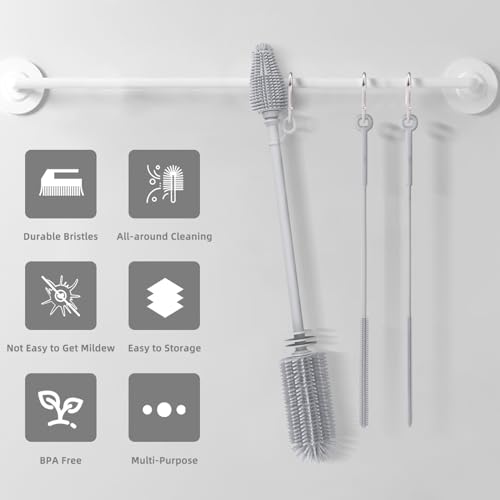 Silicone Bottle Brush and Straw Cleaner Set,Water Bottle Brush Double-Headed,Straw Brush Silicone,Bottle Cleaner Brush for Thermoses and Sports/Water Bottles/Dish/Cup (Grey)