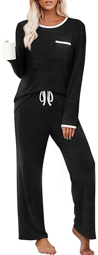 XIEERDUO Womens Pajama Sets Two Piece Matching Pjs Lounge Sets For Women Pajama Set Clothing Long Sleeve Leg Pants Woman Fall Outfits For Women 2025 Sleepwear Black M