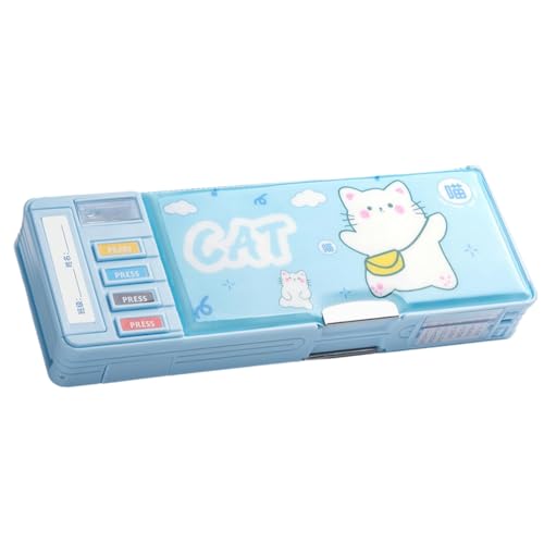 Estojo multifuncional com estampa de desenho animado, estojo de lápis de camada dupla de grande capacidade para estudantes - gatinho