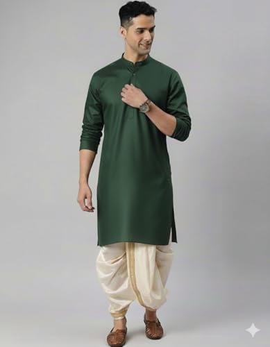 Image of Men Cotton Kurta & Silk Dhoti | Ethnic Wear for Weddings, Festivals & Celebrations (Pack of 1)