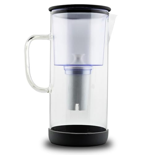 Glass Pitcher with Mineral Rich pH Balancing Filter, Sleek Glass Lid – Brita Compatible Fridge Friendly Design (Black)