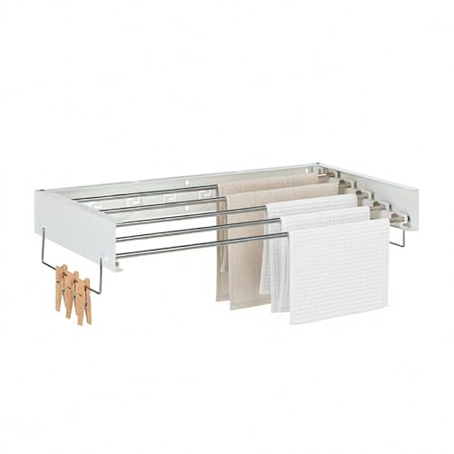 BRINDEK Tendedero de Pared Plegable Blanco Extensible | 5 Barras | Interior o Balcón | Disponible en 80 o 100 cm | hasta 30 Kg | Colgadores Integrados | Tendal Plegable Estético (80 cm)