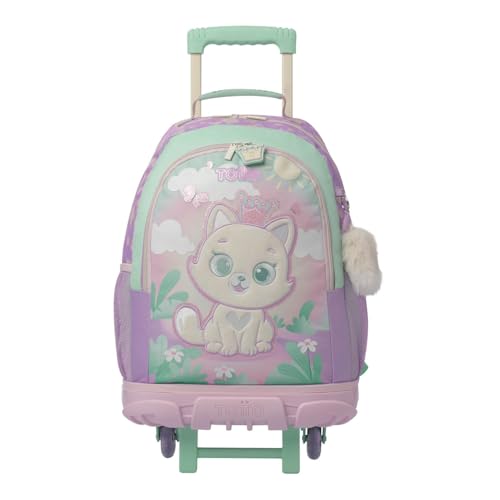 TOTTO - Mochila Escolar con Ruedas, Modelo Queen Cat L, Mochila Grande, Capacidad 29 L, Bolsillos Botella, Organizador Interno, Protección en la Base, Correas Ajustables, Color Rosa