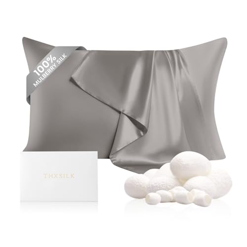 Image of THXSILK 100% Mulberry Silk Pillowcase for Hair and Skin, 22 Momme Natural Silk Pillow Cover with Hidden Zipper, Soft Breathable Smooth Organic Silk Pillowcase(Grey, Queen Size 20 inchx30 inch)