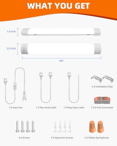 Image of 5000K LED Ceiling Light Fixture with Plug, Under Cabinet Lighting, Linkable LED Light Bar for Kitchen Bathroom Garage Corridor Office Overhead Lighting (4FT-1PCS)