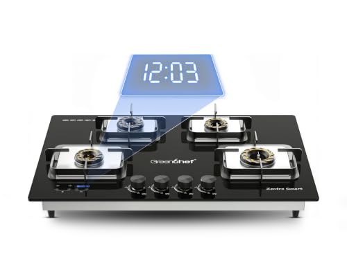 Image of Greenchef Zentro Smart Four burner Glass Hob Top| Digital timer| Featured with Flame failure| Black Color| High efficiency tornado Burners| Dual Purpose hob(Built In Or Counter top)