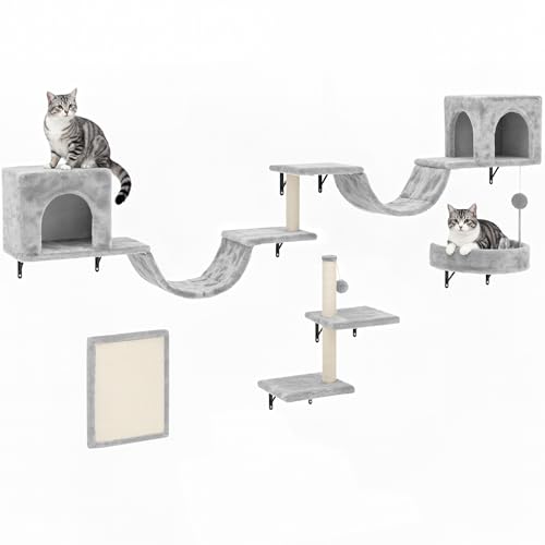 YITAHOME 8-teiliges Katzewand-Set, Robustes Plüsch-Kratzmöbel mit Kratzsäule, Katzenhaus, Katzenbrücke, Katzenleiter und Hängeball in Hellgrau YITAHOME 8-teiliges Katzewand-Set, Robustes Plüsch-Kratzmöbel mit Kratzsäule, Katzenhaus, Katzenbrücke, Katzenleiter und Hängeball in Hellgrau
