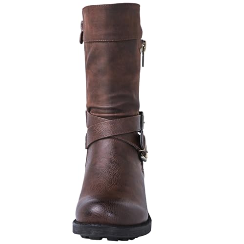 GLOBALWIN Women's Mid-Calf Boots Round Toe Zip-Up Slouch Booties with Buckle Strap Casual Spring Fall Winter Brown Boots For Women With low Heel Comfortable For Walking Size 7M - image 7