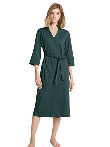 SIORO Women Cotton Maternity Robes Kimono Lightweight Plus Size Robe Long Spa Gym Travel Bathrobe Soft Sleepwear V-Neck Ladies Dressing Gown, Dark Green X-Large