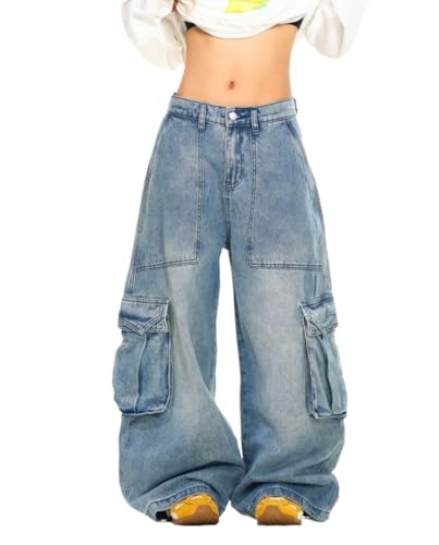 Unisex Y2k 90S Vintage Big Pockets Cargo Baggy Wide Leg Jeans Hiphop Streetwear Grunge Oversized Casual Denim Pants