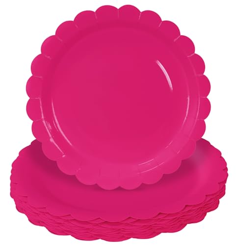 HEIPINIUYE 50 Pieces Hot Pink Paper Plates 7 Inch Scalloped Plates Disposable Dinner Plates for Wedding Baby Shower Birthday Party Dessert Plates