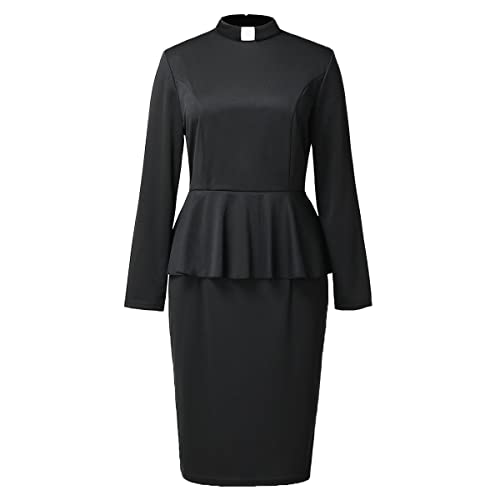 Image of FAD-4U Church Clergy Dress for Women Minister Long Sleeve Ruffle Slim Pencil Dress with Tab Insert Stand Collar