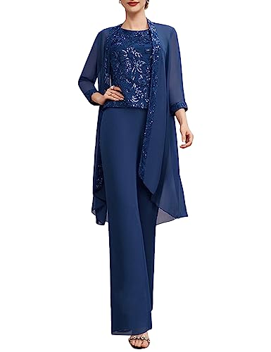 Women's 3 Pieces Mother of The Bride Pant Suits with Lace Appliques Formal Outfit Dressy Elegant Sets Navy Blue