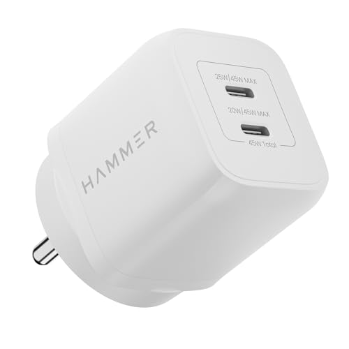 Image of Hammer 45W GaN Superfast Charger | Dual USB-C PD & PPS | 2 Years Warranty | Compatible with iPhone 17-12, MacBook, iPad, Samsung | FCC /CE Certified (No Cable)