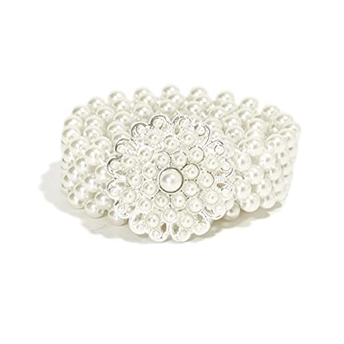 Pearl Belt Girl Pearl Flower Rhinestone Adornment Elastic Waist Chain with White Dress
