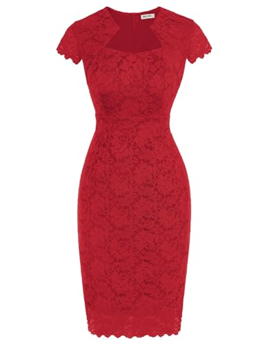 GRACE KARIN Women's Red Lace Cocktail Dress Cap Sleeve Fitted Waist Spring Summer Graduation Dresses Red M