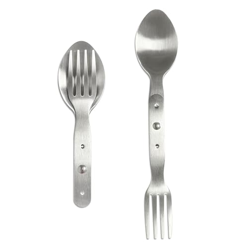 Robustes Edelstahl 2 in 1 Löffel Gabel Set – Multifunktionale Löffel Gabel Kombi für Outdoor, Camping und Reisen – Kompaktes Edelstahl Camping Besteckset, Wiederverwendbares Tragbares Reisebesteck