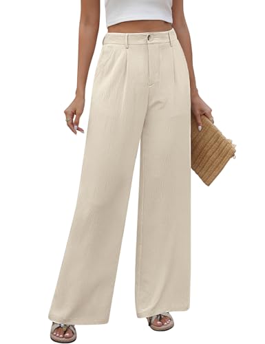 PASUDA Pantalones Mujer Verano Suelto Rectos Casual Cintura Alta Anchos Con Botones Ligero Cómodo de Traje Playa Con Bolsillos (Beige, XL)