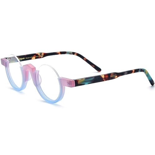 Image of HEPIDEM Matte Multicolor Acetate Glasses Frame Women,Semi Rimless Round Optical Eyeglasses
