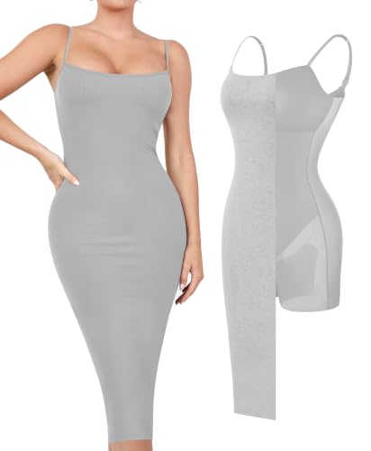 Image of Popilush Bodycon Midi Dress with Built in Shapewear Bra Club Outfits | Light Tummy Control, Spaghetti Straps, Removable Cups, Knee Length, Going Out Summer Dress