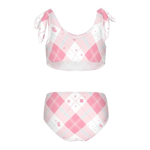 Pink Gingham Cute Girl 2 Pieces Kids Bikini Set Scoop Neck Swimsuit Swimwear Cute Shoulder Strap2