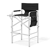MoNiBloom 31-Inch Foldable Tall Director Chair Folding Portable Aluminum Frame Makeup Artist Chair, with Side Table, Cup Holder and Pockets, 250lbs Capacity (Black)