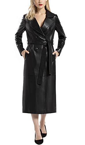 Women's Lambskin Leather Long Trench Coat Black Double Breasted Genuine Leather Coat with Belt SmartUniverseWear2