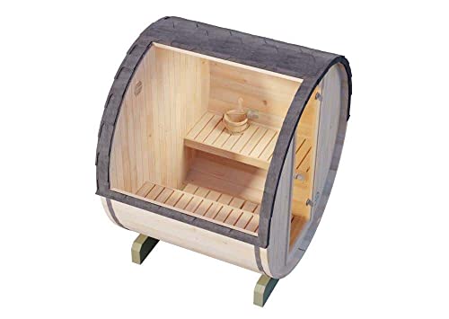 FinnTherm Fass-Sauna Mini XS, 194 x 160 x 194 cm Gartensauna, Outdoor Sauna mit 42 mm Wandstärke, inkl. Montagematerial, Glastür aus Sicherheitsglas, 3 Personen, inkl. Dachschindeln, Außensauna