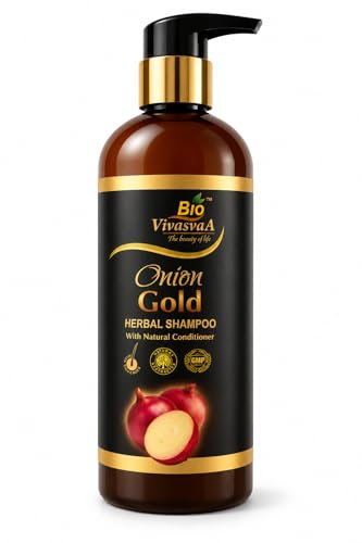 Image of Bio VivasvAA Onion Gold Herbal Shampoo with Natural Conditioner, GMP Certified, 450ml- Best anti Hair fall shampoo in ayurveda