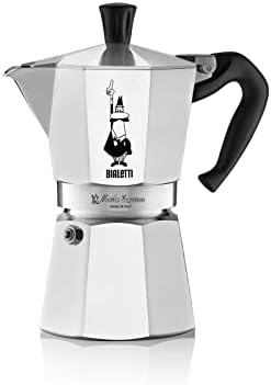 Silver six-cup Bialetti Moka Express stovetop coffee maker
