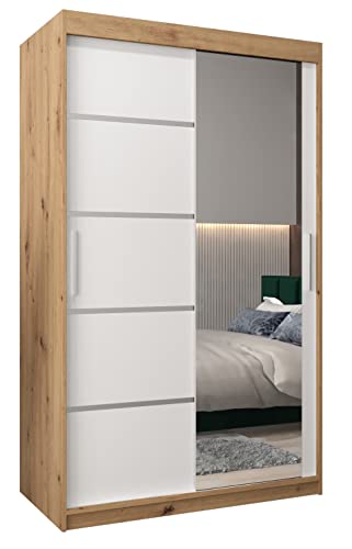 Armoire à Portes coulissantes Verona 2 avec Miroir Armoire avec Tringle et étagère Armoire de Chambre à Coucher (0, Chêne Artisan + Blanc Mat, 120 cm)