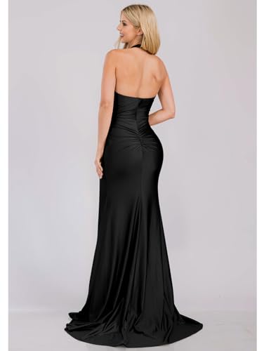 LAGSHIAN Women's Elegant V Neck Halter Backless Bodycon High Split Ruched Long Formal Evening Dress4