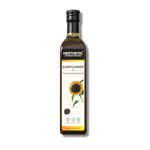 Image of HESTHETIC Premium Edible Cold Pressed Sunflower Oil, 500 ML, Rich in Healthy Fats, Ideal for Cooking, Frying and Salad Dressings, 100% Pure and Natural, Food Grade Virgin Oil, Glass Bottle
