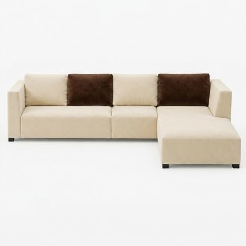 Image of FURNY Olympus 6 Seater RHS L Shape Sofa Set | Plush Velvet Suede Fabric | Modern Design | Soft Comfort Dual Color Cushions for Living Room, Office & Hotels (Cream-Dark Brown)