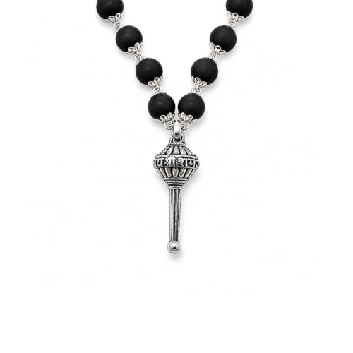 Image of Karungali Malai 8mm Certified with Bajrang Hanuman Gada Pendant Silver Plated | 54 Beads Authentic Black Ebony Wood Mala with German Silver Cap | Spiritual Protection Chain for Men & Women
