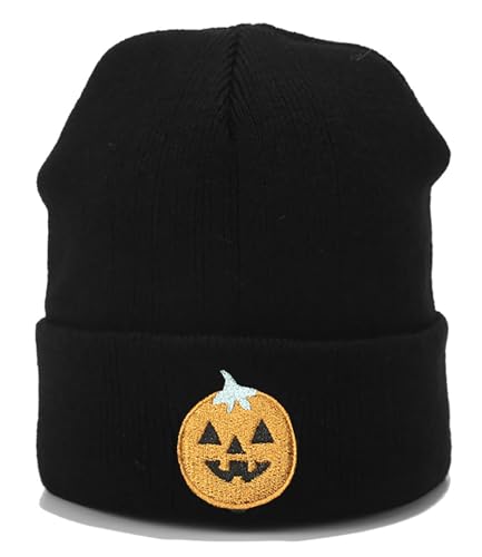 IHAUIUE Novelty Embroidered Beanie Hat Halloween Knitted Cuffed Skull Cap Double Layer Winter Watch Hats for Women Men Pumpkin Black
