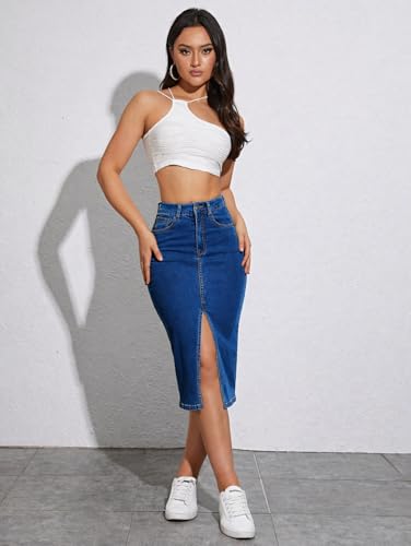 Image of Tagas Women High Waist Denim Midi Skirt with Front Slit | Stretchable Bodycon Pencil Skirt | Casual & Stylish Knee Length Skirt