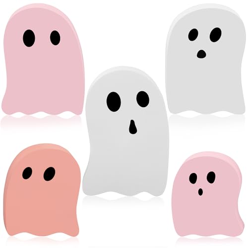 Augisteen Pink and White Ghost Wood Tabletop Decor for Halloween Tiered Trays and Party Shelves