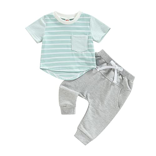 Fsadfeas Baby Boy Valentines Day Outfit Short Sleeve Lover Boy Print T-Shirt Solid Color Jogger Pants Set 2Pcs Summer Clothes (Stripe Blue+Gray,0-6 Months)