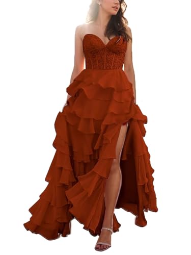 Strapless Prom Dresses for Women 2024 Tiered A Line Chiffon Formal Evening Party Gown with Slit