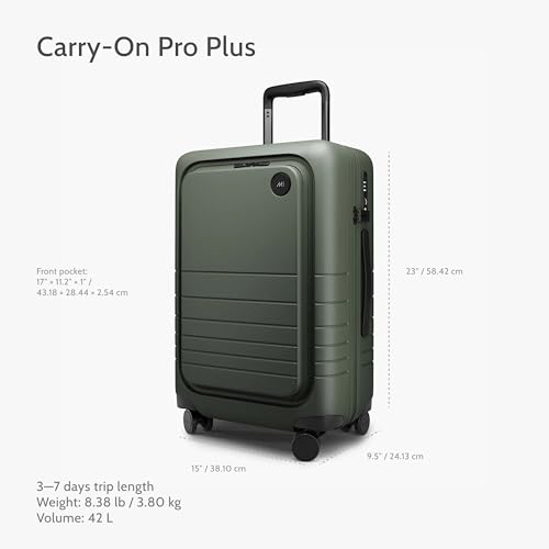 Image of Monos Carry-On Pro Plus Luggage 23 Inch - Hardside Spinner Suitcase with TSA Lock & Laptop Front Pocket | Airline Approved, 42L Polycarbonate Rolling Carry On | Fits 16 inch Laptop | Olive Green