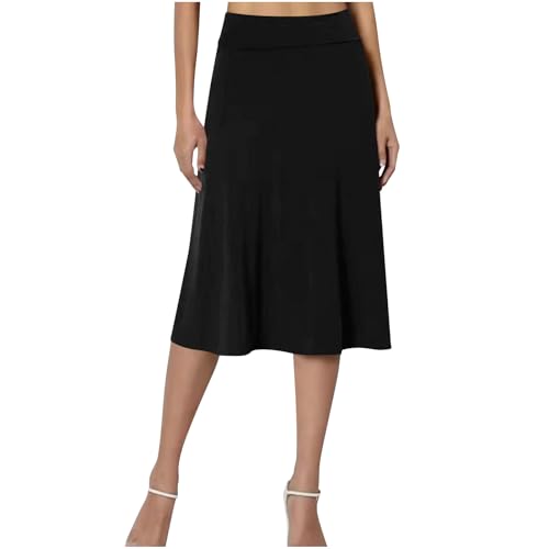 HGps8w Flare Midi Skirts for Women Casual 2025 Summer Elastic High Waisted Basic Solid A-Line Work Knee Length Stretchy Skirt