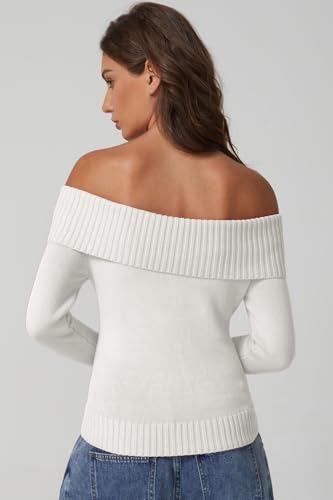QINSEN Cotton Off The Shoulder Sweater for Women Long Sleeve Ribbed Knit Pullover Sweater Slim Fit Going Out Tops2