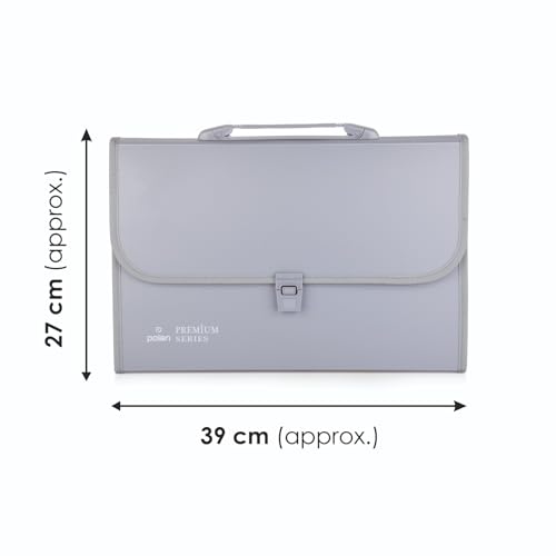 Image of POLEN Premium Series Expanding File Folder with Coloured Inner, 13 Pockets, Handle, and Buckle Closure, Fullscape Size for Travel, Home, Office to Arrange Your Document (Grey)
