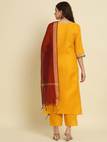 Image of VredeVogel Women's Cotton Blend Kurta Pant Set with Chanderi Silk Dupatta