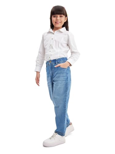 Image of olele Girls Super Jeans Collection for 4-14 Yrs | Stretchable Cotton Denim Trousers | Blue Jeans for Kids | Baggy Denim Pants | Cargo Pants for Girls